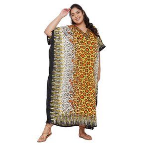 Gypsie Blu Leopard Print Yellow Caftan Maxi Dress with Kimono Sleeve Loungewear